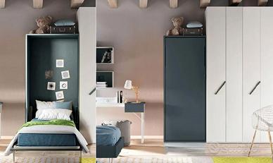 Letto a scomparsa singolo verticale blu