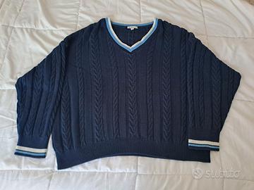 Maglione blu con scollo a V e trecce tg. Unica 