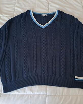 Maglione blu con scollo a V e trecce tg. Unica 