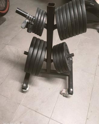 Carrello con pesi e bilanciere 