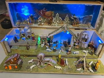 Presepe artigianale in scatola illuminato e suoner