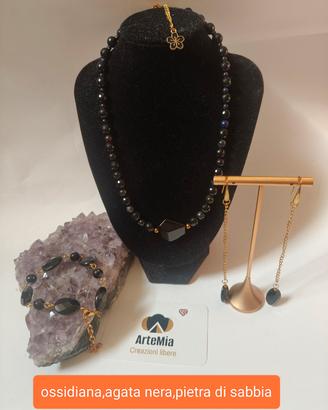 parure nera collana, bracciale catena,orecchini 