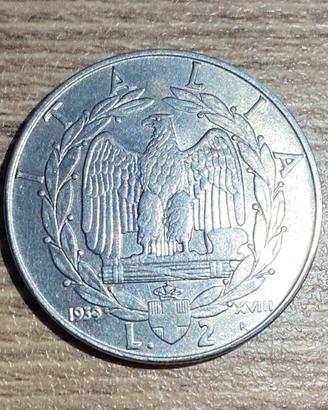 VITTORIO EMANUELE III 2 LIRE IMPERO 1939 XVIII