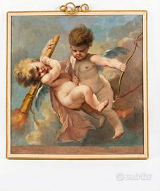 Quadro classico con putti dipinto a olio e cornice