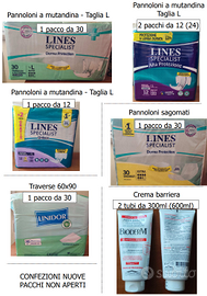 Materiale sanitario nuovo – pannoloni, traverse e