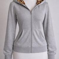 Felpa Grigia Zip Cappucio Leopardato- S - Nuovo