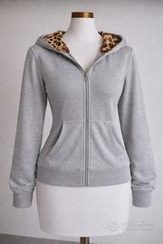 Felpa Grigia Zip Cappucio Leopardato- S - Nuovo