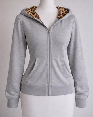 Felpa Grigia Zip Cappucio Leopardato- S - Nuovo