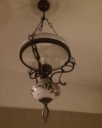 Lampadario Vintage Vetro-ottone-ceramica