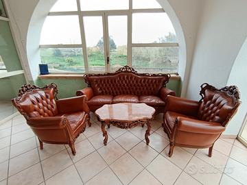 Salotto barocco in vera pelle– Divano + 2 poltrone