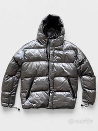 Piumino puffer grigio metallizzato con cappuccio
