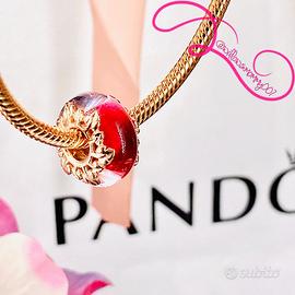 PANDORA Charm Vetro di Murano Rosa e Foglie