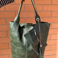 Borsa vera pelle verde stampa coccodrillo