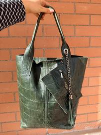 Borsa vera pelle verde stampa coccodrillo