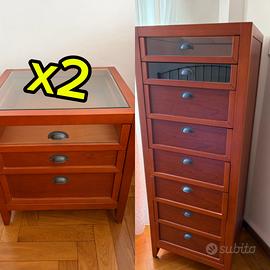 2 comodini + cassettiera alta in legno caldo