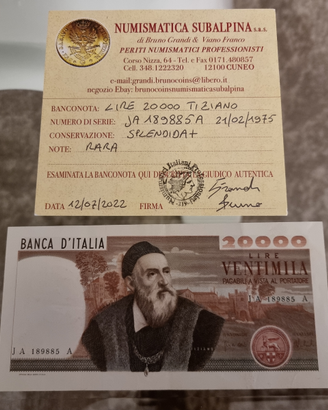 20000 lire "Tiziano" - 21-02-1975 SPL+ con perizia