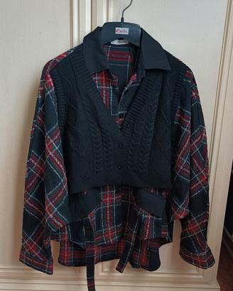 Camicia tartan oversize con gilet in maglia 