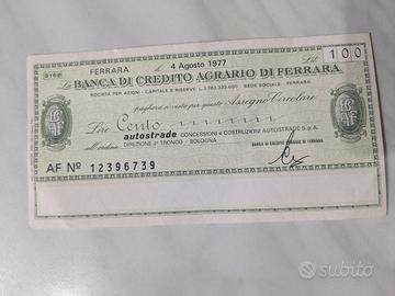 Miniassegno banca credito agrario di Ferrara