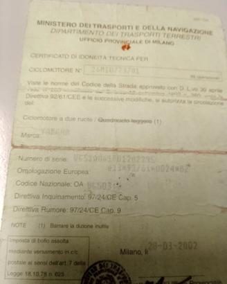 Certificato Yamaha MBK Booster 2002