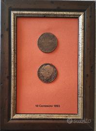quadretto con 2 monete vere 10 centesimi 1893