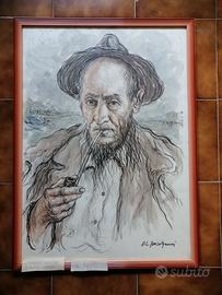 Alfonso Grassi Volto di vecchio litografia