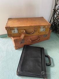 Set valigie vintage anni 40/50 in cuoio + cartella