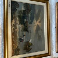 Quadro olio su tela barche e pescatori