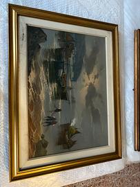 Quadro olio su tela barche e pescatori