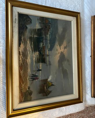 Quadro olio su tela barche e pescatori