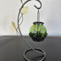 Porta candela in vetro verde, sostegno metallo