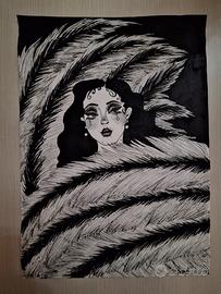 Illustrazione originale donna con piume Burlesque