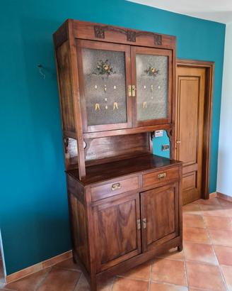Credenza antica a doppio corpo vetri dip. a mano