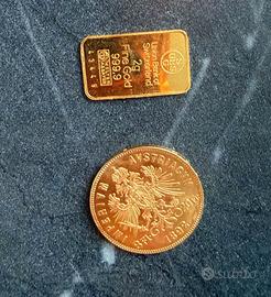 Lingotto d’oro 20 g e moneta d’oro 
