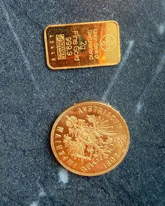 Lingotto d’oro 20 g e moneta d’oro 