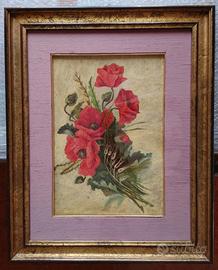 Quadro OLIO su tela Mazzo di Papaveri e Spiga 1942