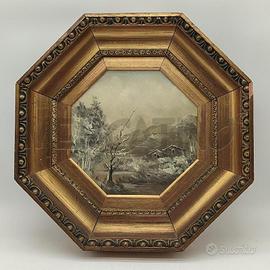 QUADRO OTTAGONALE PAESAGGIO INVERNALE TONI FREDDI