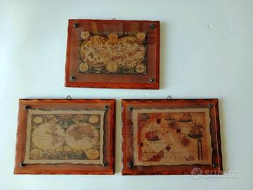 Tris quadri su cuoio motivo geografico