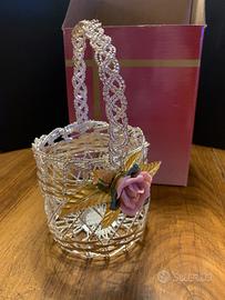 Cestino in silver plated con decoro rosa