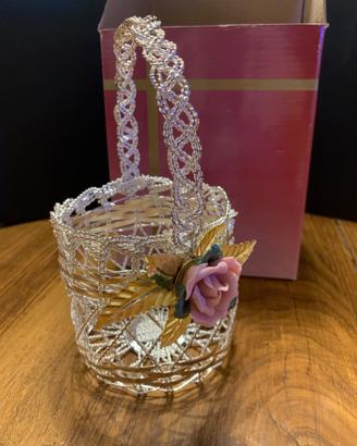 Cestino in silver plated con decoro rosa