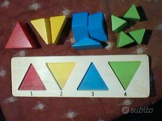 Gioco-Puzzle triangoli in legno, per bimbi, NUOVO