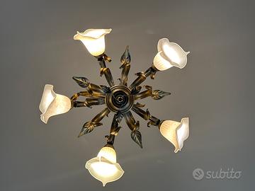 Lampadario in ferro battuto e vetro, a 6 luci