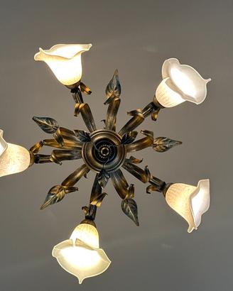Lampadario in ferro battuto e vetro, a 6 luci