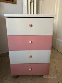 Cassettiera 4 cassetti bianco e rosa