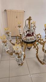 Lampadario antico in porcellana e bronzo dorato - 