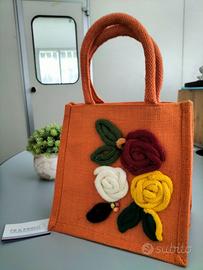 Borsa in iuta arancione NUOVA con fiori applicati