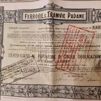 Certificato obblig. Ferrovie e Tramvie Padane 1911