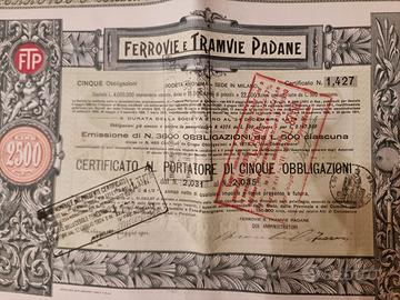Certificato obblig. Ferrovie e Tramvie Padane 1911