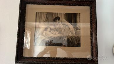 Stampa antica "Fast Asleep" con cornice d'epoca
