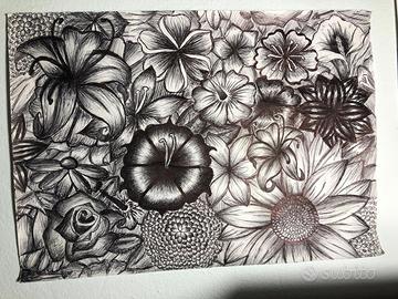 dipinto fiori realizzato con penna su foglio a4
