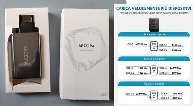 Caricatore 65W con 3 porte, PD, GaN - Nuovo